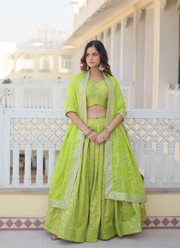 Green Viscose Jacquard Lehenga Choli with Sequins Embroidery + Silk Dupatta 5
