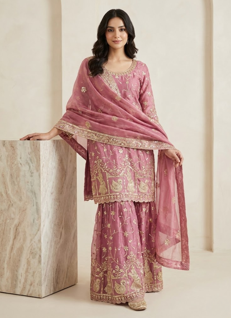 NC Moss Silk Palazzo Suit with Sequins & Zari Embroidery + Dupatta
