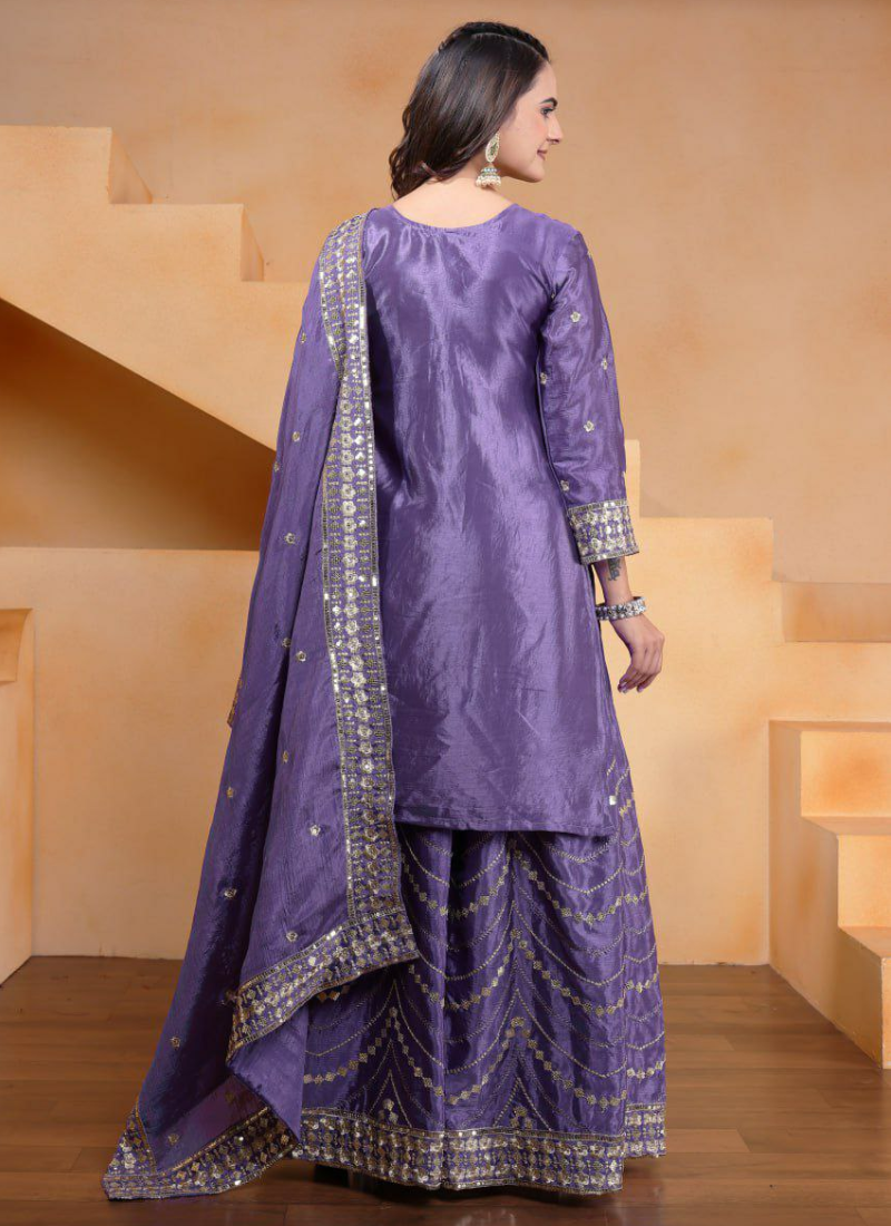 Sharara Suit in Chinon with Sequins Embroidery Work + Dupatta