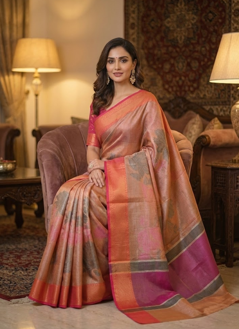 Banarasi Organza Tissue Saree – Rose Gold