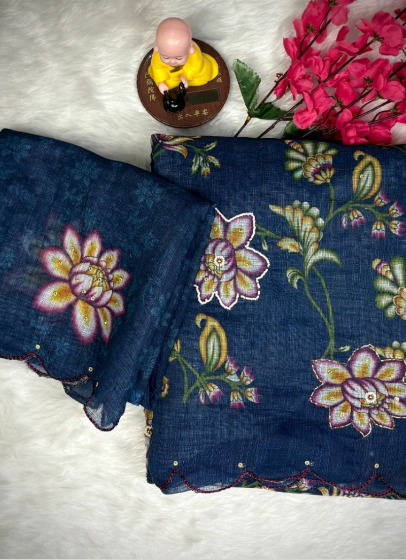 Soft Cotton Indian Saree with Digital Print & Khatli Work Border - View 6