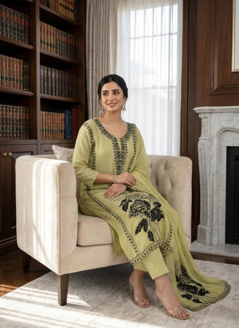 Light Lemon Maslin Salwar Suit with Black Thread Embroidery