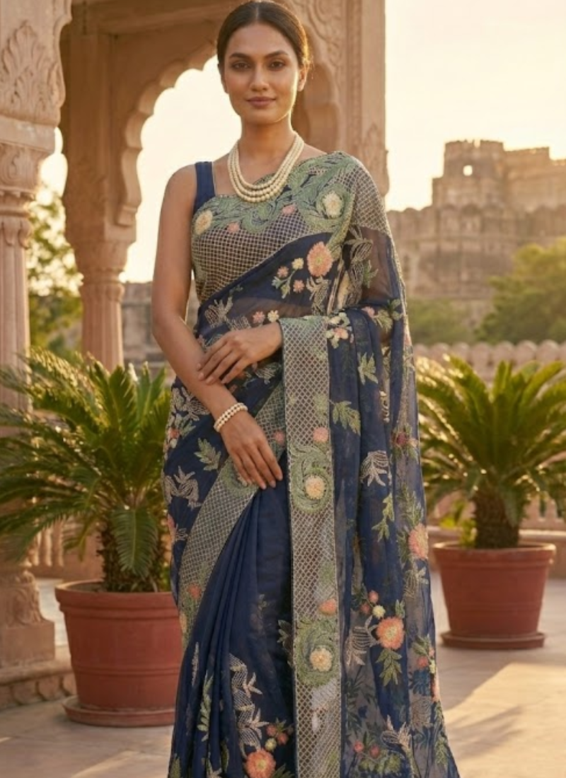 Black Maslin Saree with Floral Embroidery