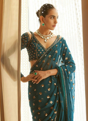 Dark Sea Green Saree in Faux Georgette with Heavy Sequins Embroidery + Silk Blouse 6