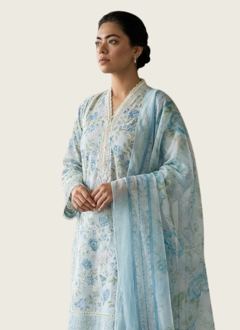 Light Ash Pest Chiffon Salwar Kameez with Embroidery