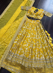 Viscose Jacquard Yellow Lehenga Choli with Sequins Embroidery + Russian Silk Dupatta (Flair 3.5m) 6
