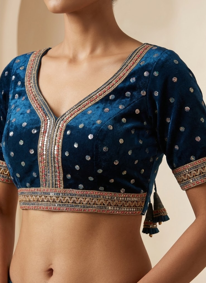 Heavy velvet bridal blouse with glitter sequence embroidery, padded fit, handmade hooks and latkans.