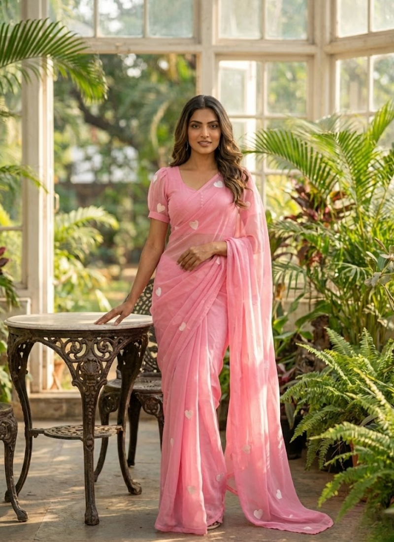 Pink Georgette Saree with Heart Embroidery & Stitched Blouse