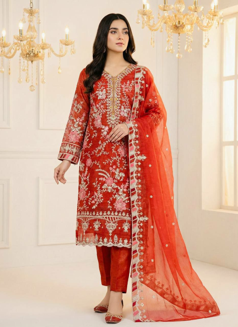 Crunchy Silk Punjabi Straight Suit with Heavy Embroidery + Dupatta