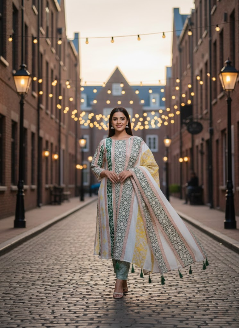 Cotton Block Printed Salwar Suit – White, Yellow & Green