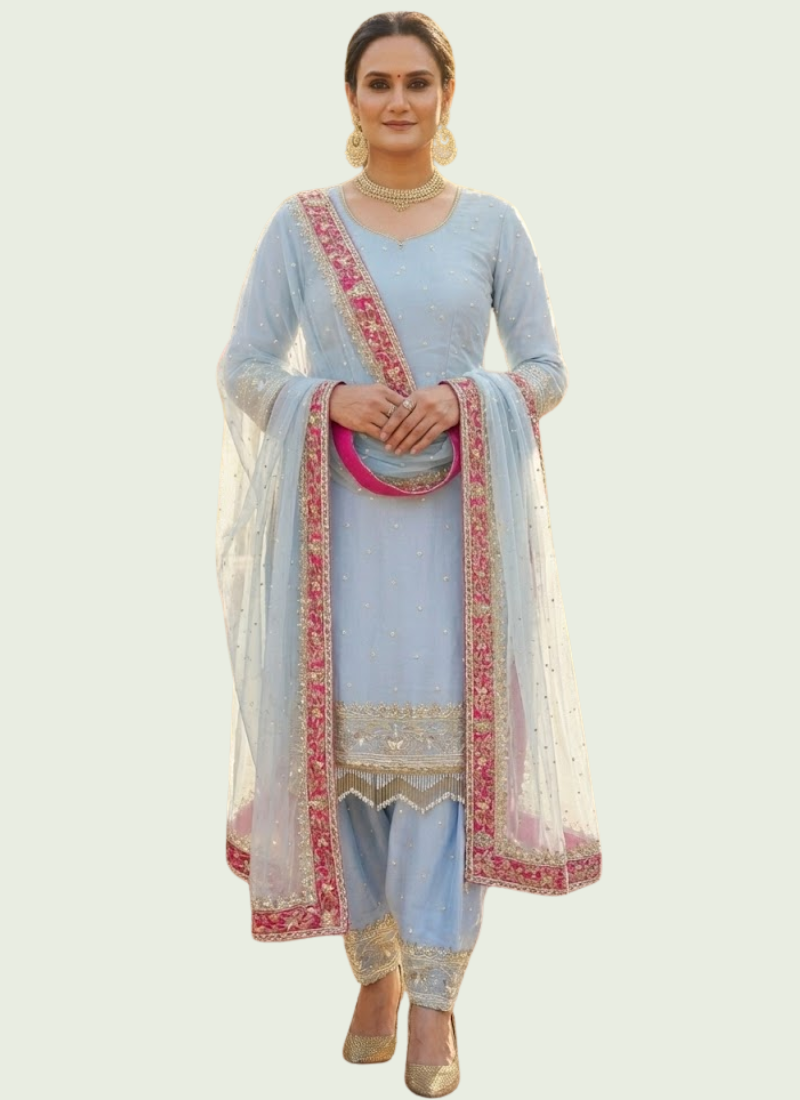 Heavy Georgette Farshi Plazzo Suit with Embroidery & Dupatta