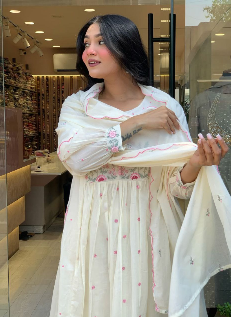 Mul Mul Cotton Punjabi Suit with Floral Embroidery & Scallop Dupatta