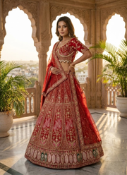 Red Kasturi Silk Bridal Lehenga Choli with Heavy Sequins & Pearl Embroidery + Net Dupatta 6
