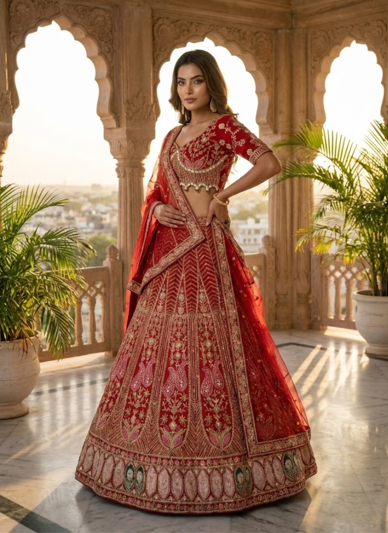 Red Kasturi Silk Bridal Lehenga Choli with Heavy Sequins & Pearl Embroidery + Net Dupatta