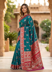 Sharnachura Silk Saree – Sea Green Zari with Blouse Piece 6