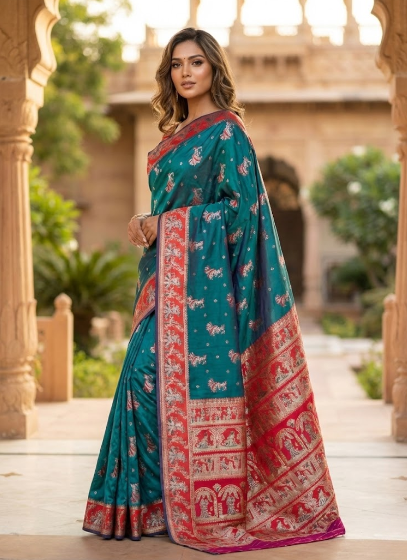 Sharnachura Silk Saree – Sea Green Zari with Blouse Piece