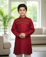 Kids Red Linen Kurta with Embroidery & White Cotton Pyjama 6