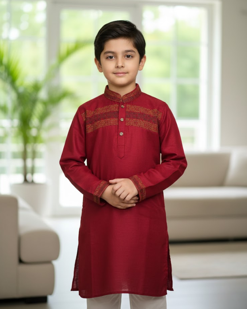 Kids Red Linen Kurta with Embroidery & White Cotton Pyjama