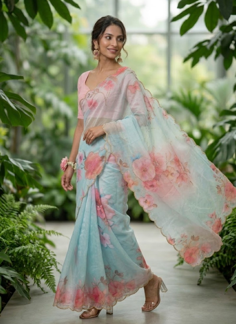 Pastel Maslin Saree with Pipe Sequins Hand Work