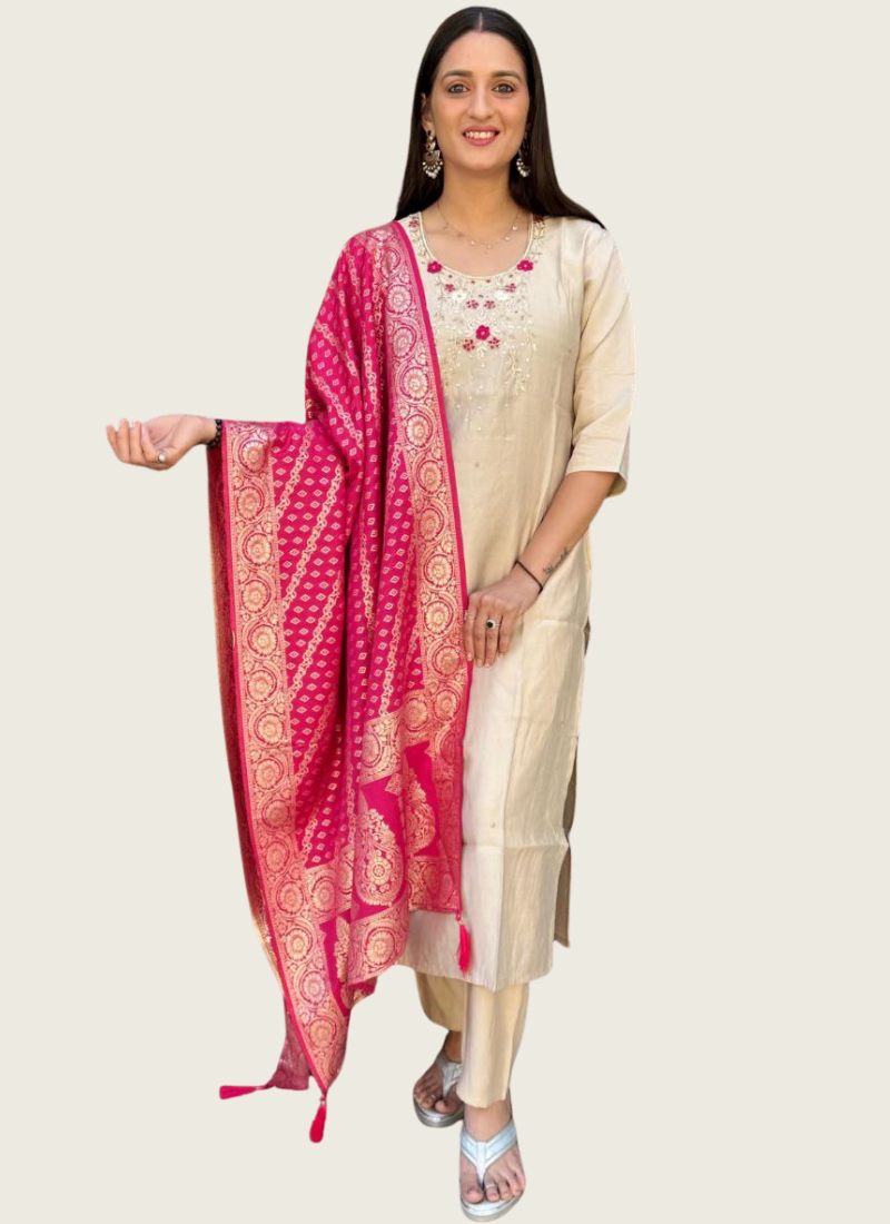 Cream Roman Silk Punjabi Suit with Handwork & Jacquard Dupatta | Gleemium fashion