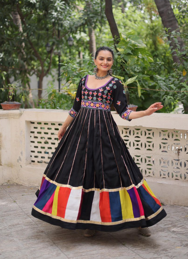 Roman Fabric Anarkali Dress with Multicolour Thread & Gota Lace Work