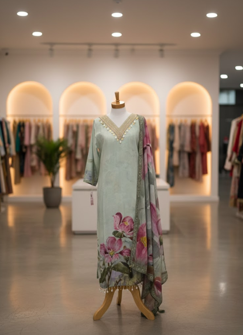 Light Purple Salwar Kameez with Embroidery & Printed Dupatta