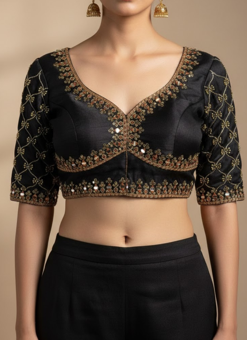 Italian Silk Women’s Blouse with Jari, Sequins & Beads Work (Front‑Open Design)