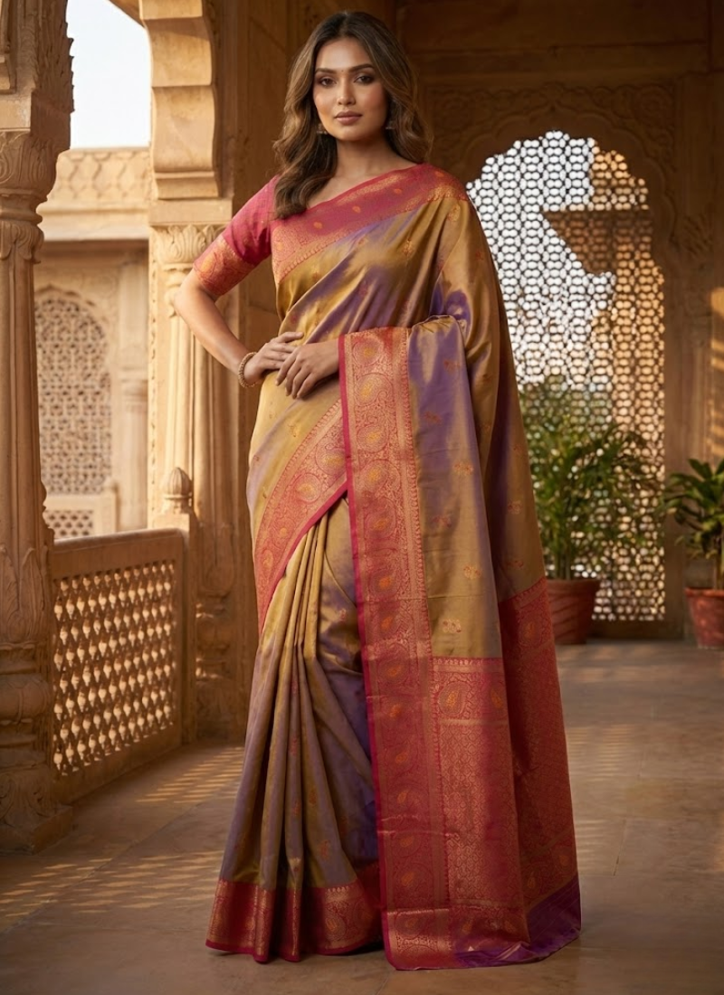 Bronze Gold Katan Silk Saree – Dual Tone