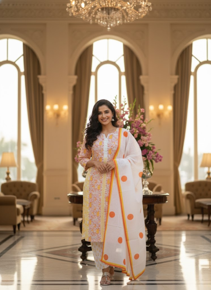 Cotton Block Printed Salwar Suit – White & Orange