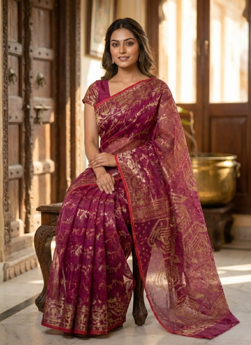 Dark Magenta Jamdani Saree with Mari Thread Work