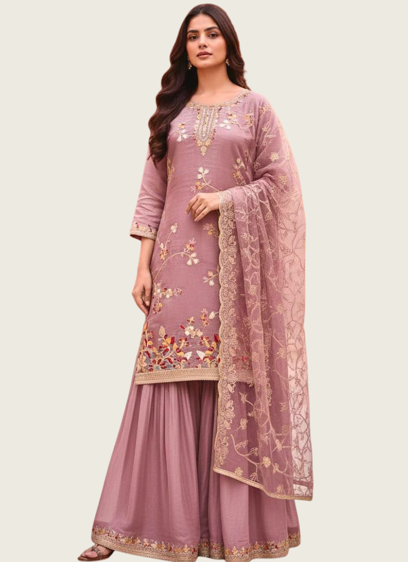 GMY Silk Sharara Suit with Sequins & Dori Embroidery + Dupatta