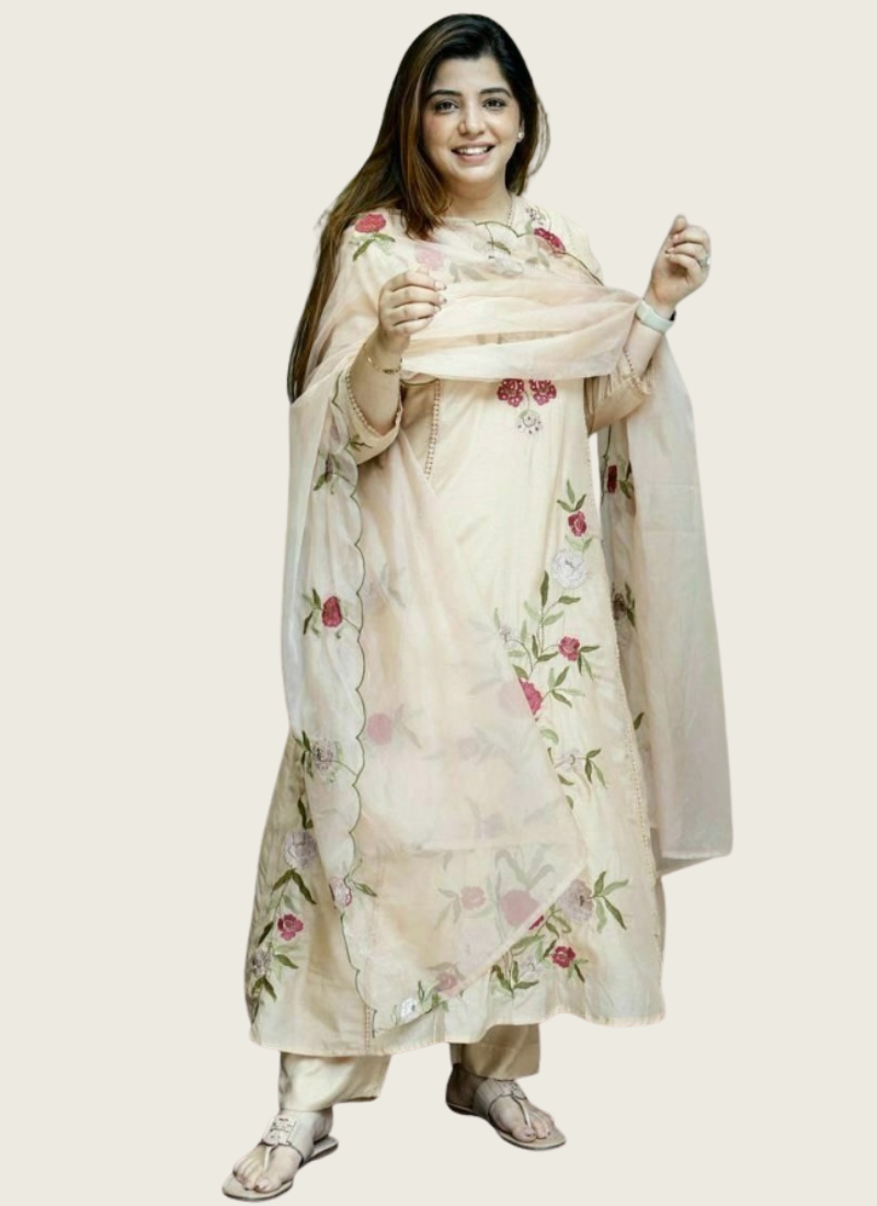 Cream Anarkali Suit in Pure Chanderi Silk with Embroidery + Organza Dupatta