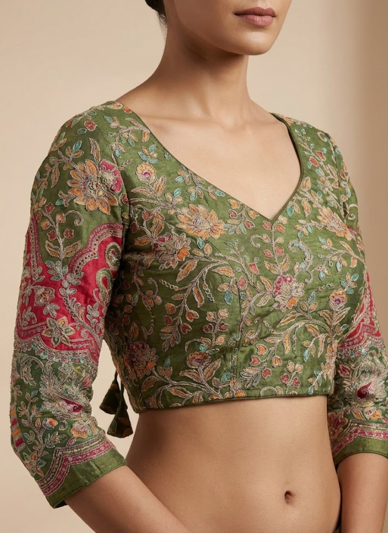 Luxury bridal blouse with pure crepe fabric, padded design, back dori opening, and heavy Chinon print.