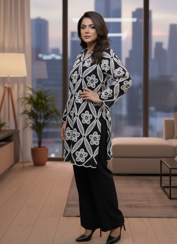 Yellow Silk Chikankari Co‑Ord Set with Divider Bottom