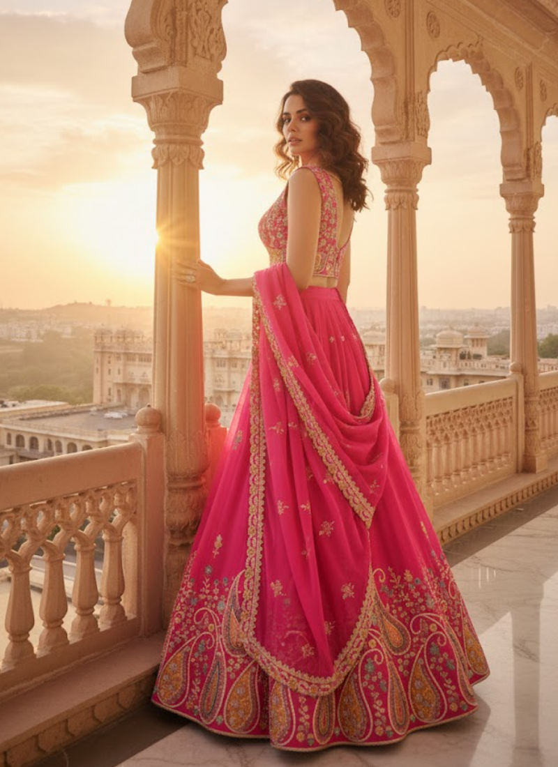 Pure Vichitra Embroidered Lehenga Choli Outfit