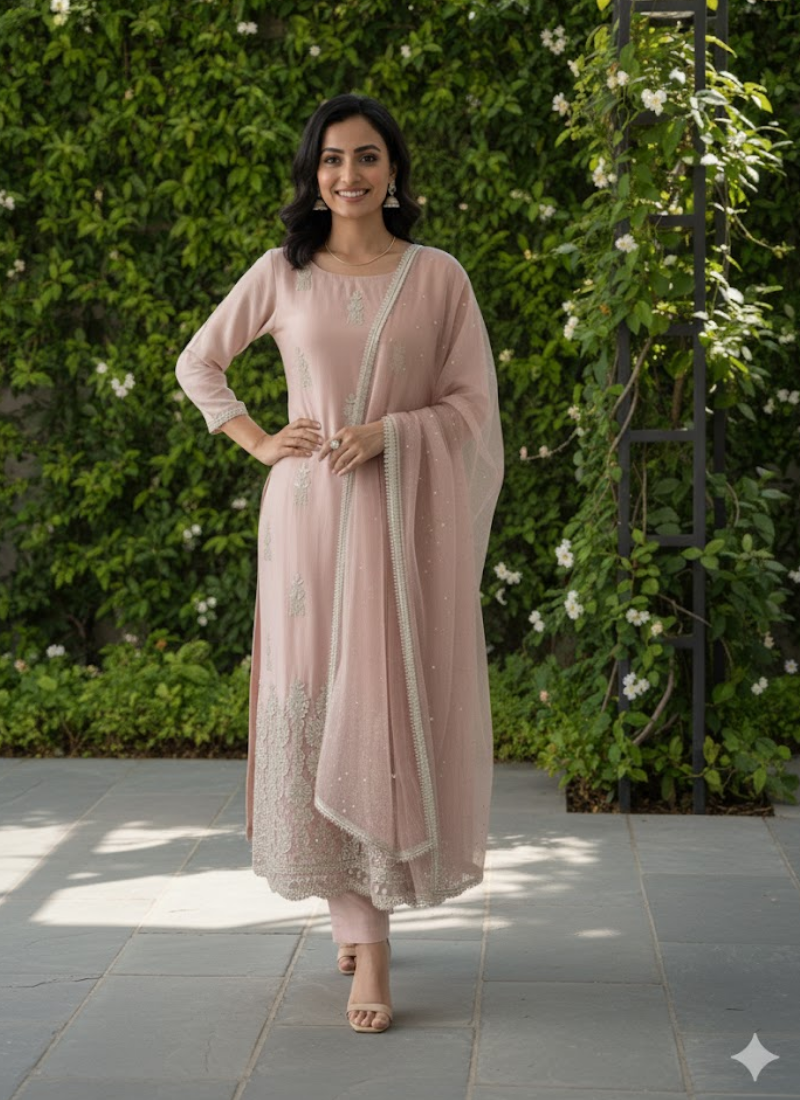 Glass Silk Salwar Suit with Sequins &amp; Chiffon Dupatta