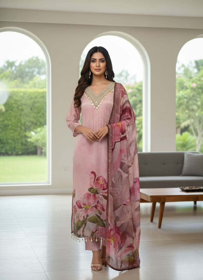 Light Pink Salwar Kameez with Embroidery & Printed Dupatta