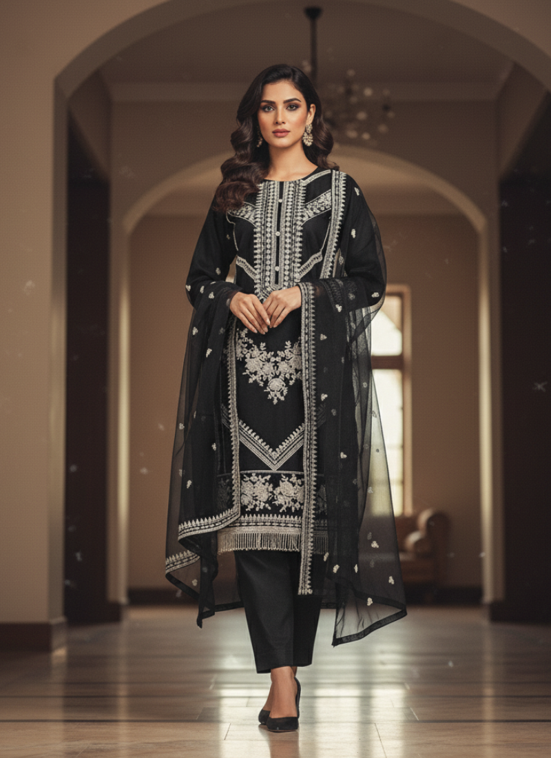 Black Pakistani Salwar Suit – Organza with Embroidery & Cotton Pajama