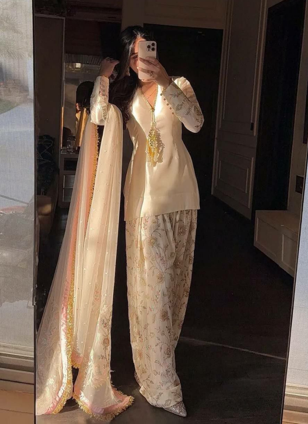 Glass Satin Palazzo Set with Organza Dupatta