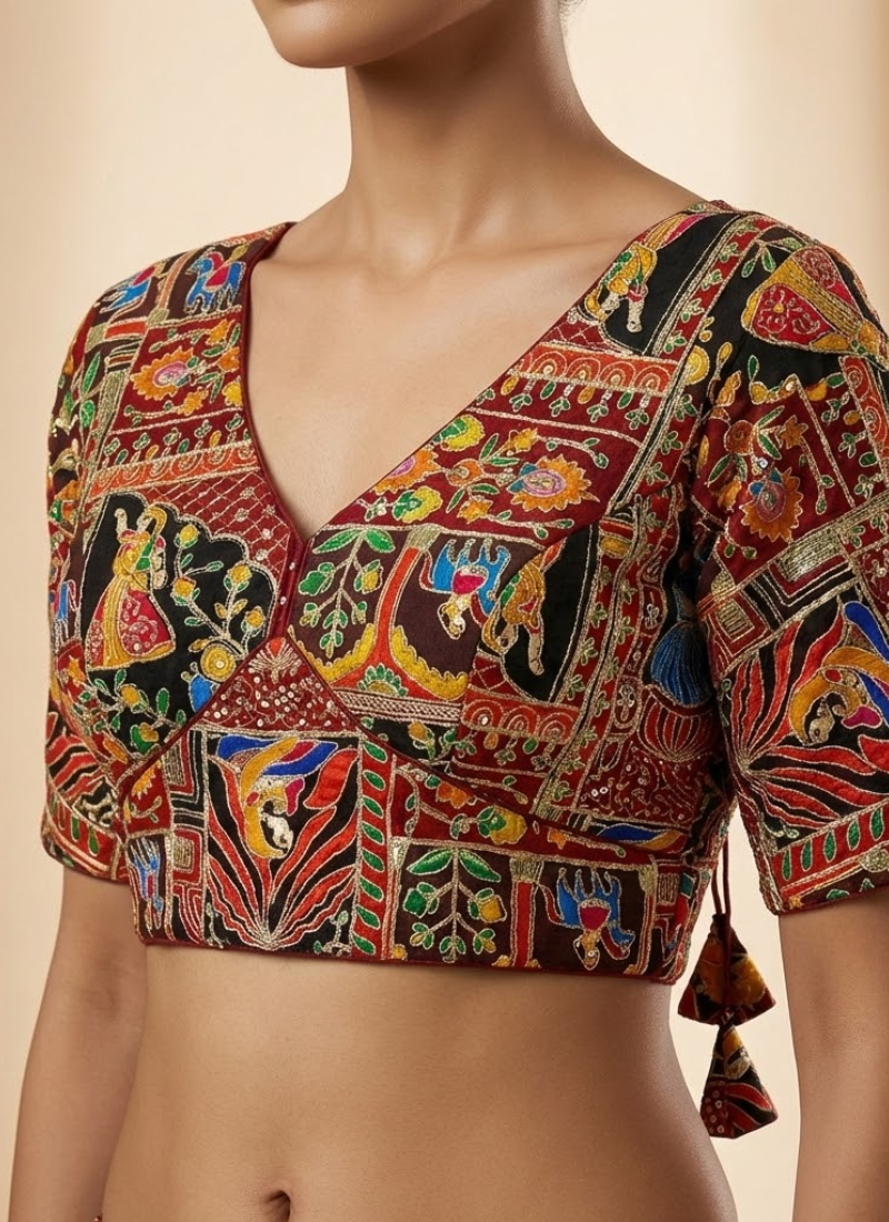 Women’s velvet blouse with Indo cotton lining, padded fit, back open style, and multiple color options.