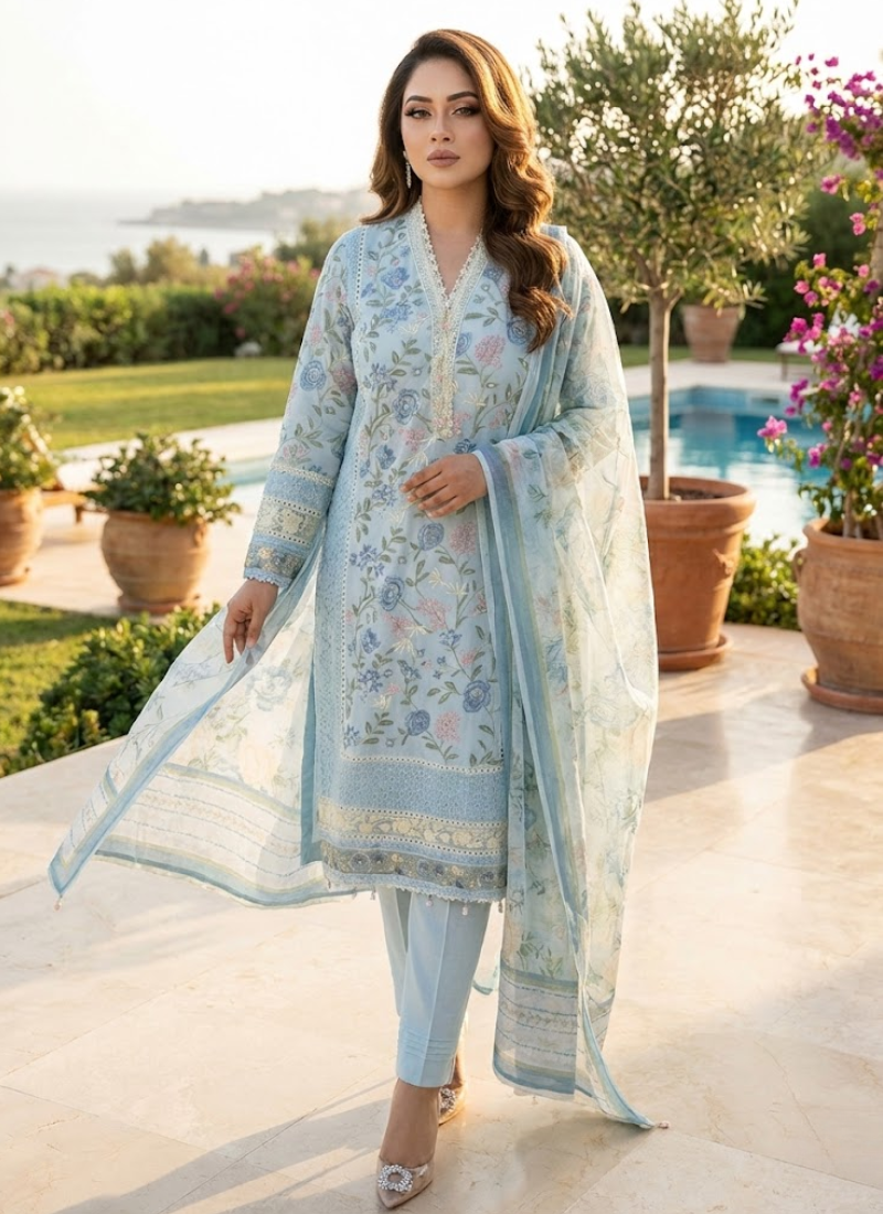 Light Pest Chiffon Salwar Kameez with Embroidery