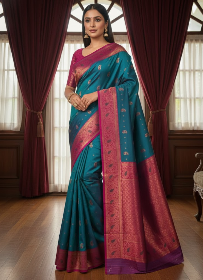 Sea Green Katan Silk Saree – Mina Work & Magenta Border