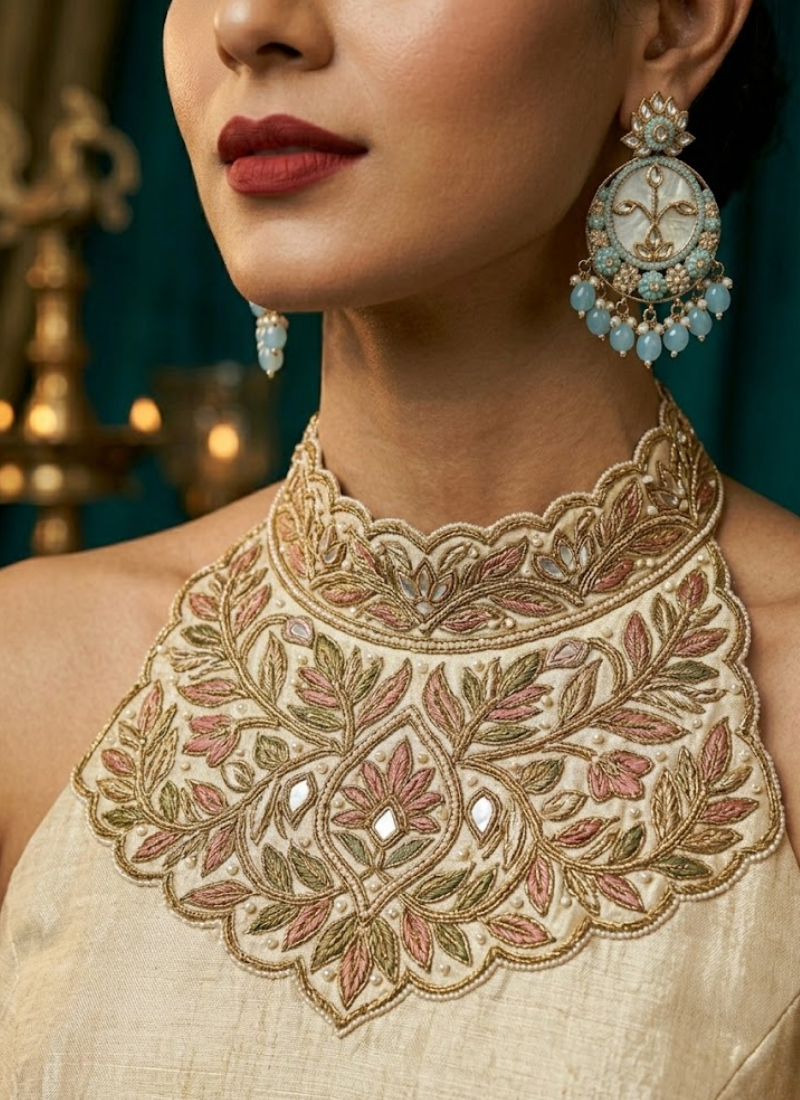 Sky Blue Kundan Chandbali with Moti Work - View 2