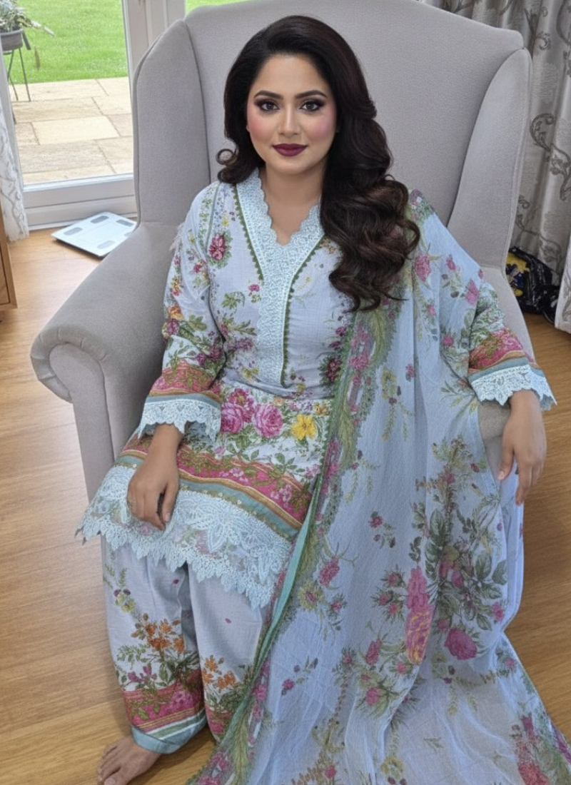 Ash lawn cotton salwar kameez with chiffon dupatta, lace sleeves, embroidery, tassels, and premium detailing