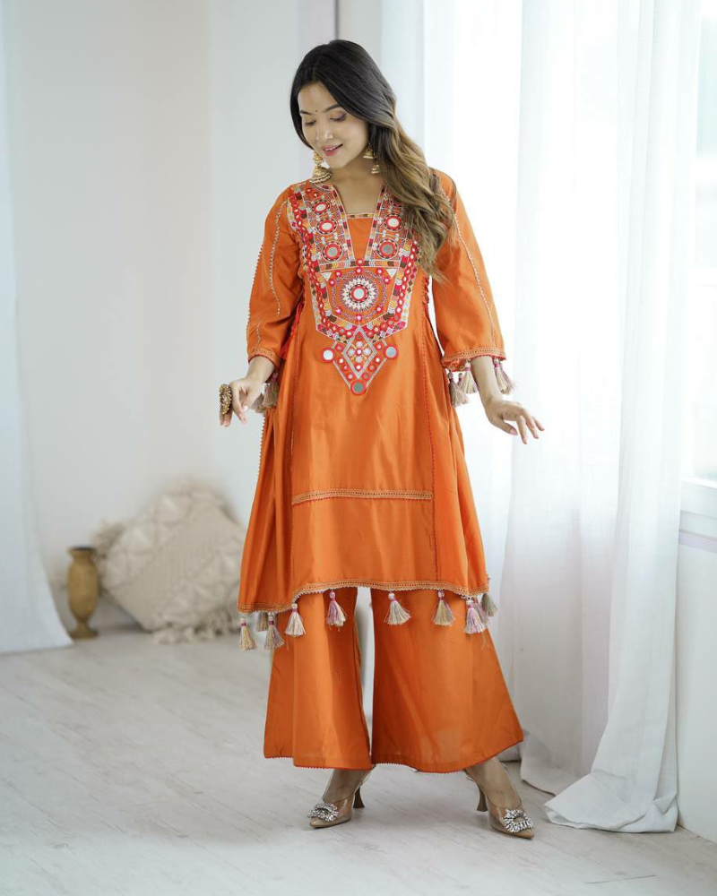 Designer Khadi Cotton Co-ord Set – Embroidery & Mirror Work