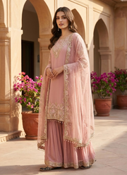 Faux Georgette Sharara Suit with Sequins & Pearl Moti Hand Work + Dupatta 4