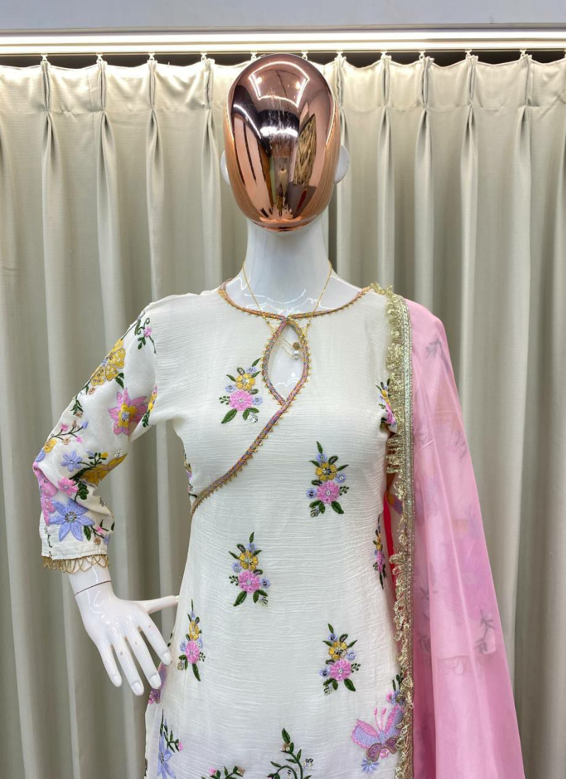 Churidar Suit in Chinon with Sequins Embroidery + Printed Organza Dupatta