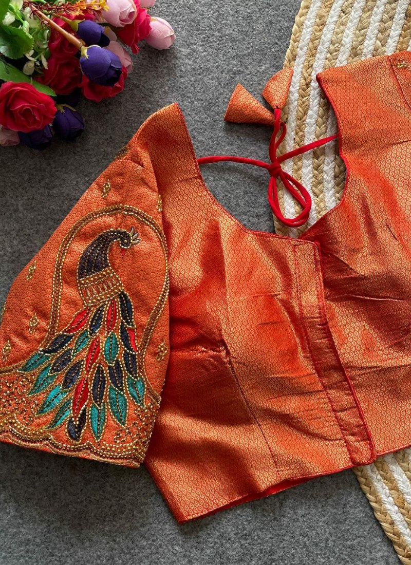 Statement partywear blouse in Banarasi silk with heavy stitching, front open design, and traditional detailing.