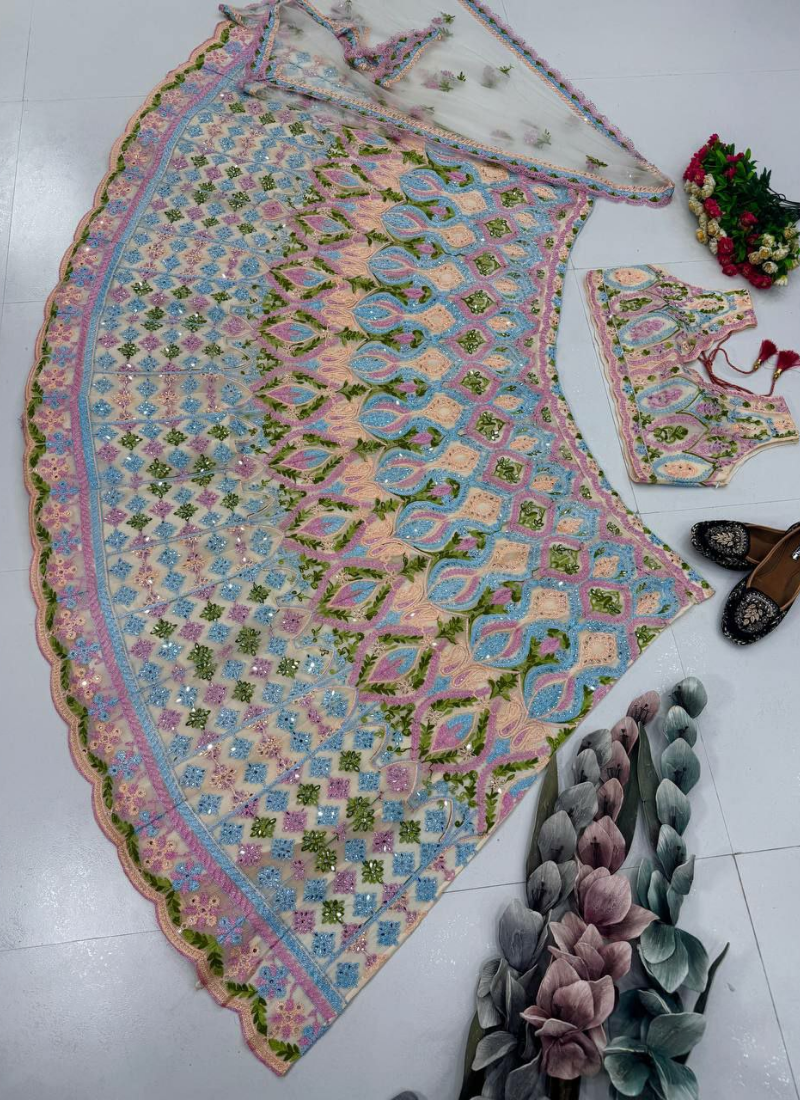 Soft Net Lehenga Choli with Mirror Embroidery