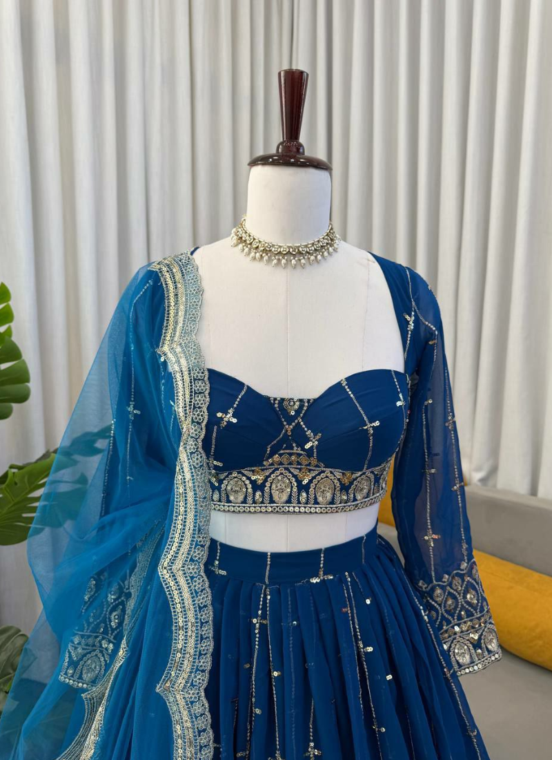 Royal Blue Faux Georgette Lehenga Choli with Thread & Sequins Embroidery + Net Dupatta